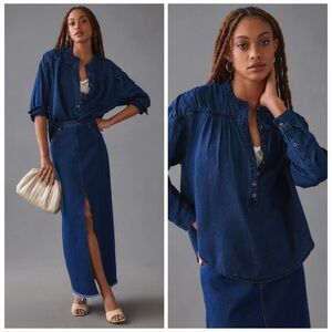 ANTHROPOLOGIE 1X PILCRO Henley Blouse in Dark Denim • Chambray Top Modern Boho